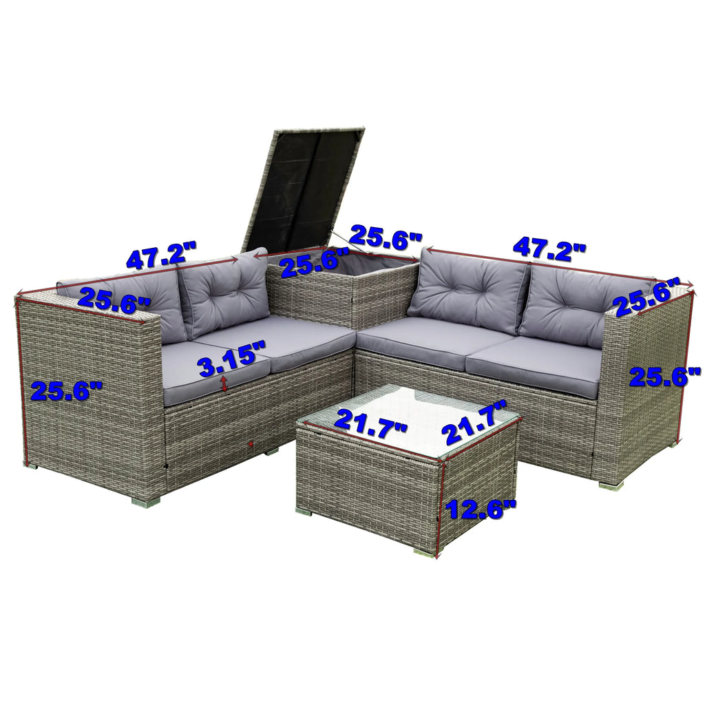 4 Piece Patio Sectional Wicker Rattan Outdoor Furniture Sofa Set with Storage Box Grey D23091