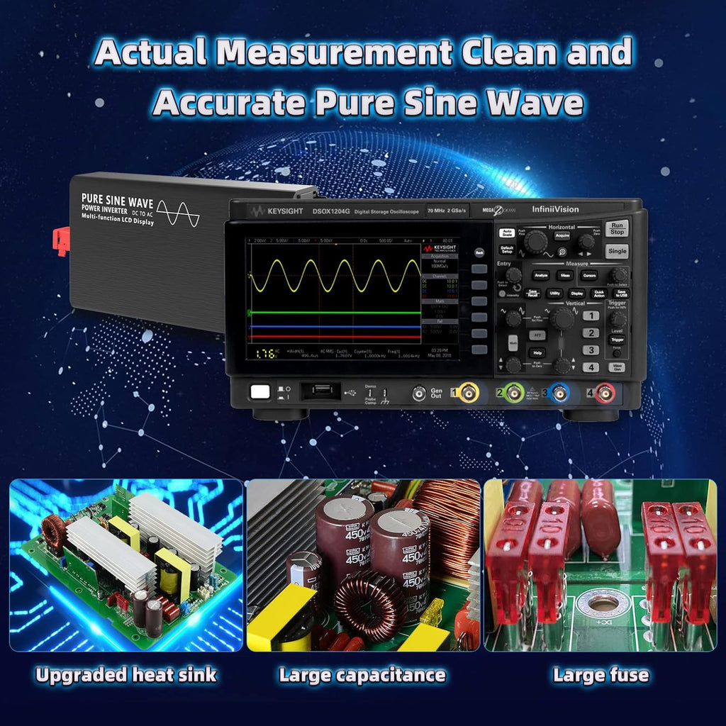 1000W Pure Sine Wave Power Inverter DC 24V to AC 110V-130V with LCD Display and Wireless Remote Control V5029