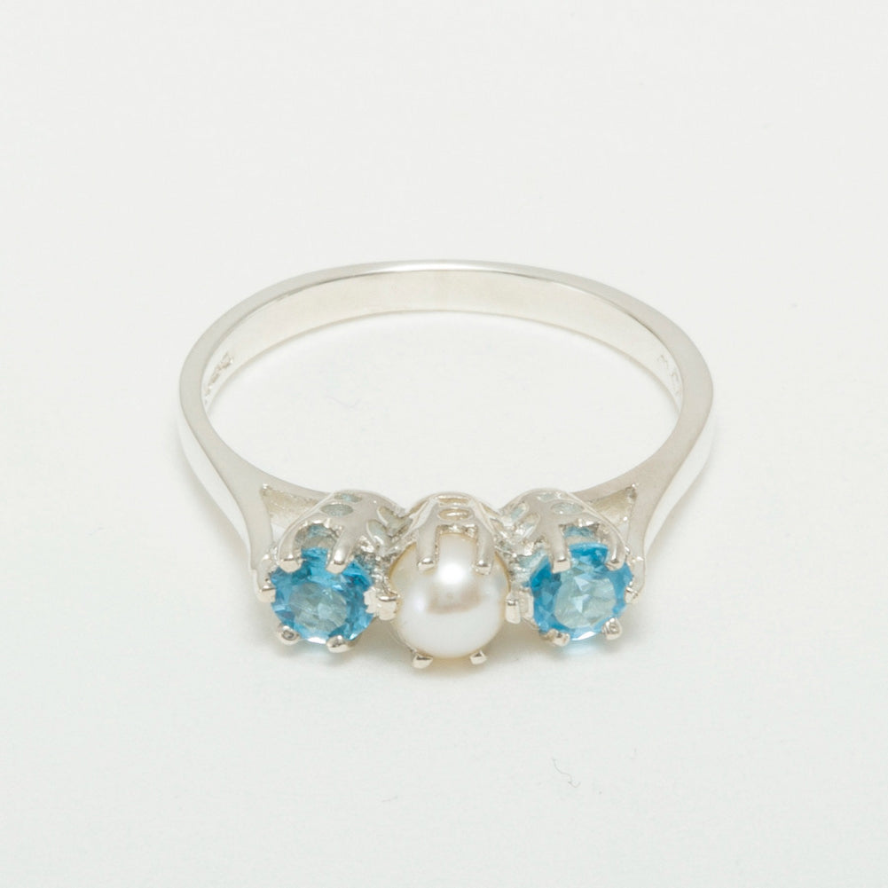 925 Sterling Silver Cultured Pearl & Blue Topaz Engagement Ring N489960