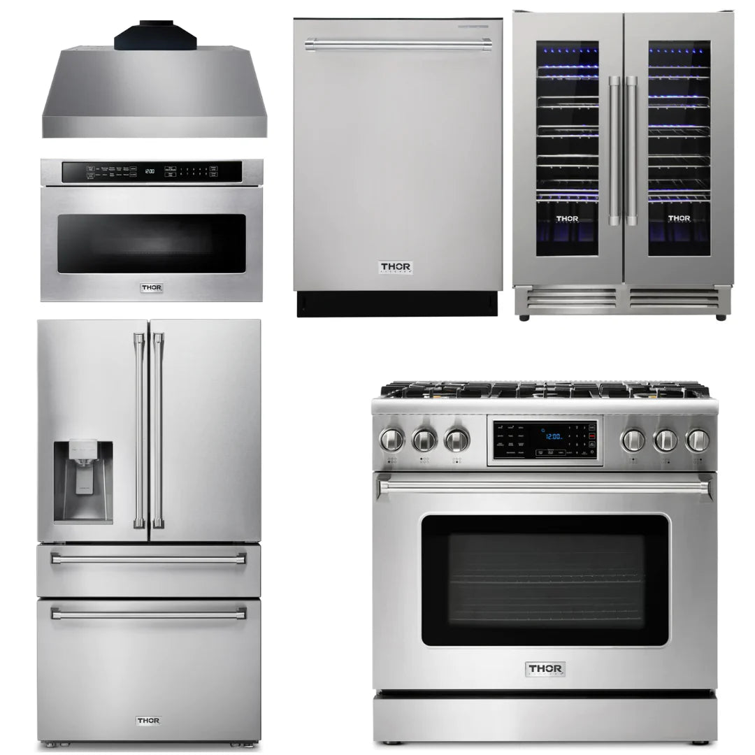 36 Gas Range, Range Hood, Microwave, Refrigerator, Dishwasher, Wine Cooler D9505