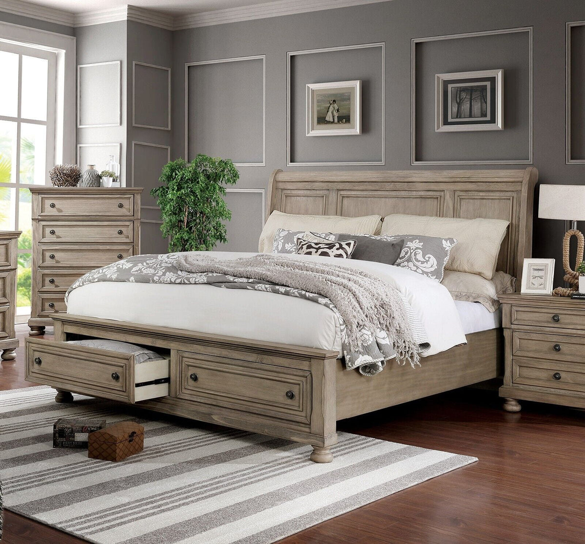 King Size Solid Wood Bed with Storage Drawers L74284