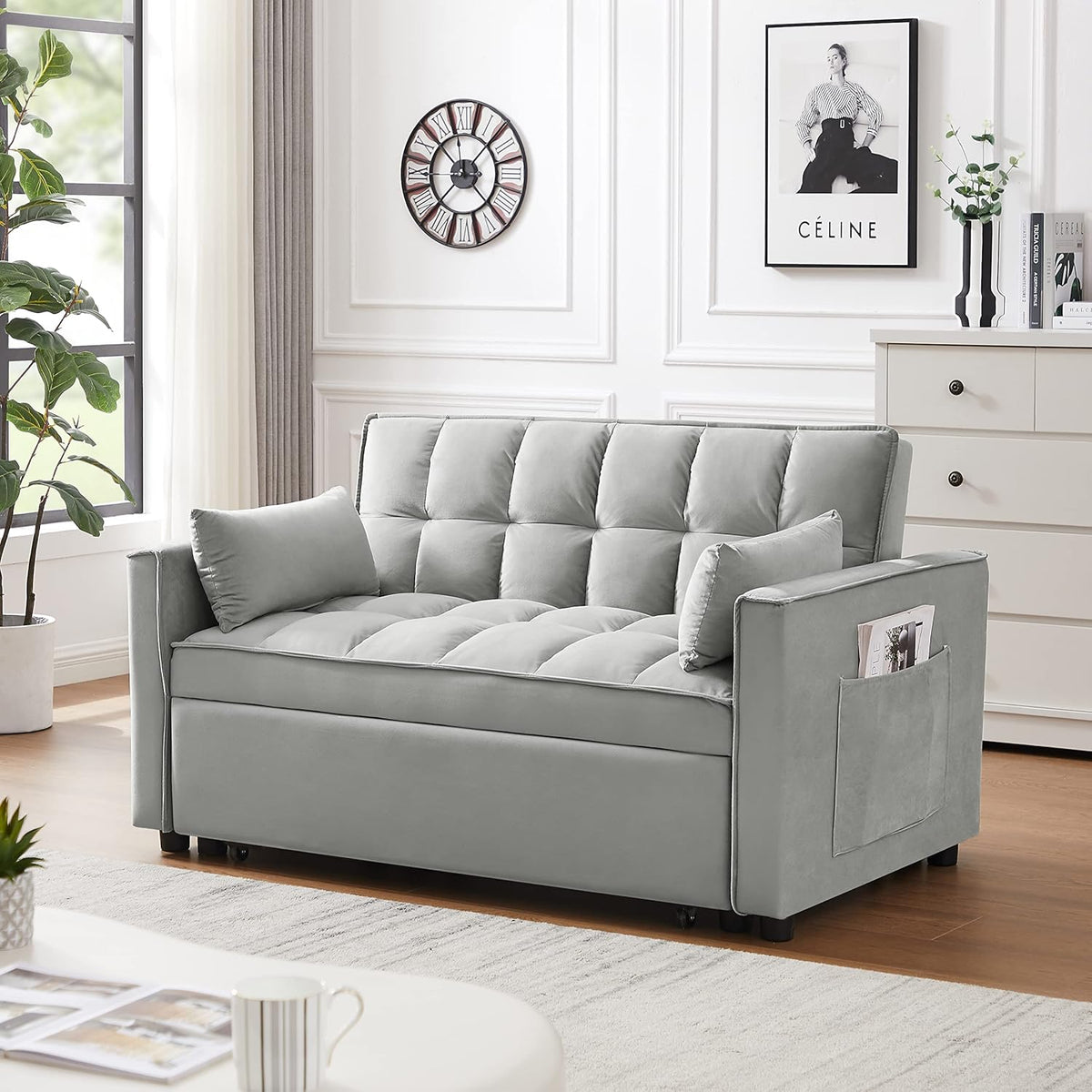 Gray Velvet Convertible Sofa Bed with Pullout Bed U3053