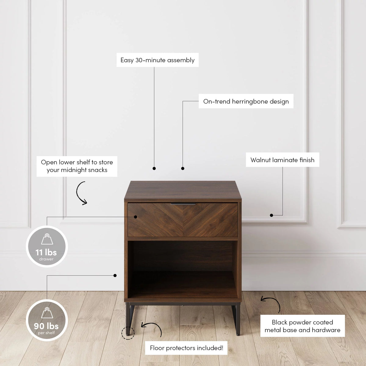 Walnut Rustic Nightstand with Open Cubby and Drawer Z245
