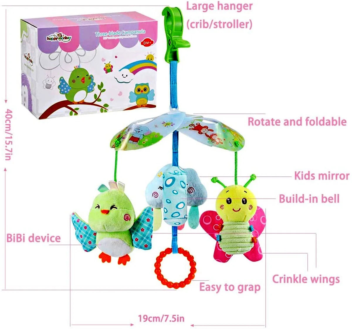 Baby Car Seat Toys Clip On Stroller Toy with Birds and Bees Hanging Rattle, Two Wrist Rattles J74478