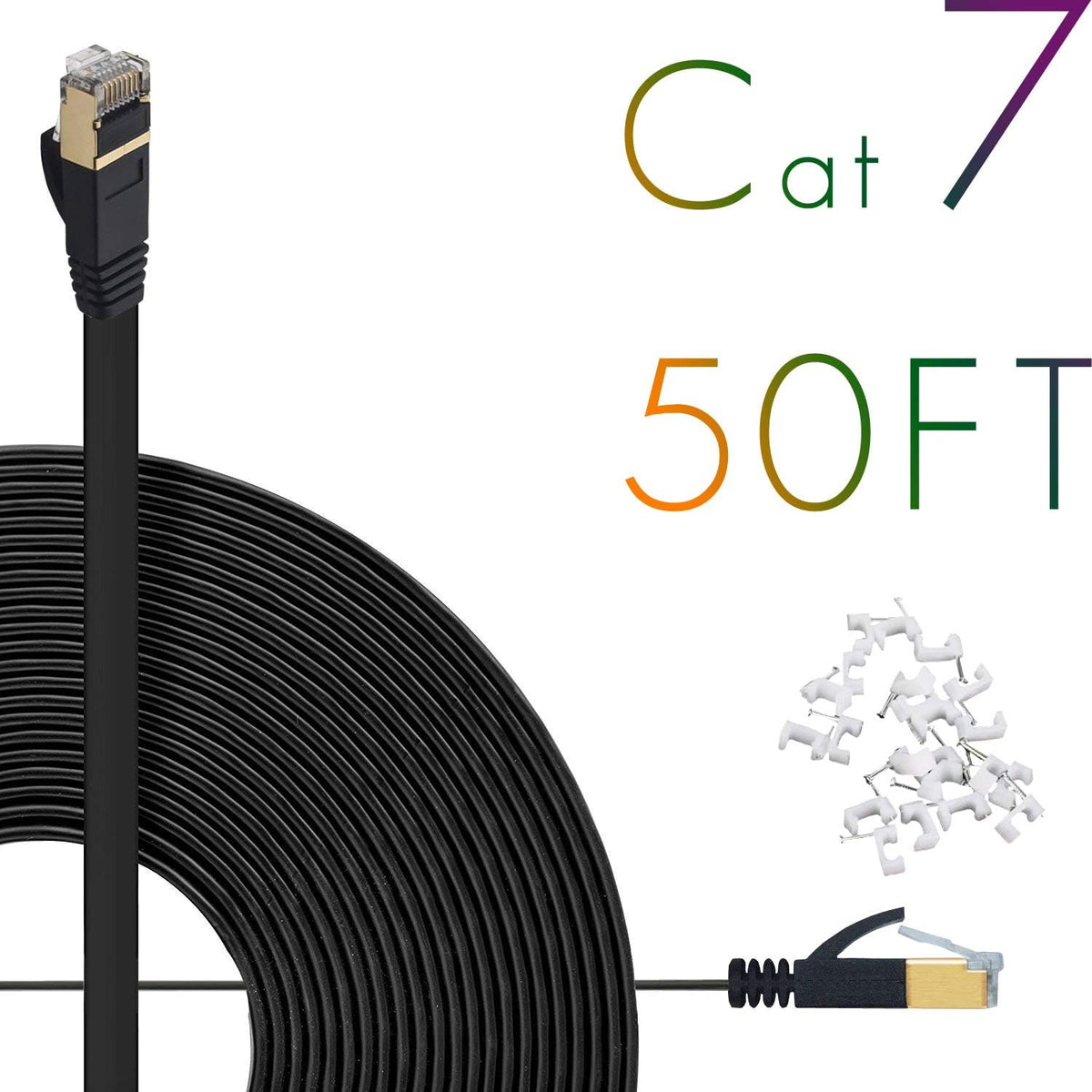 Cat7 Ethernet Cable 150ft Flat Shielded (STP) Solid Network Cord with Snagless RJ45 Connectors (White) F115