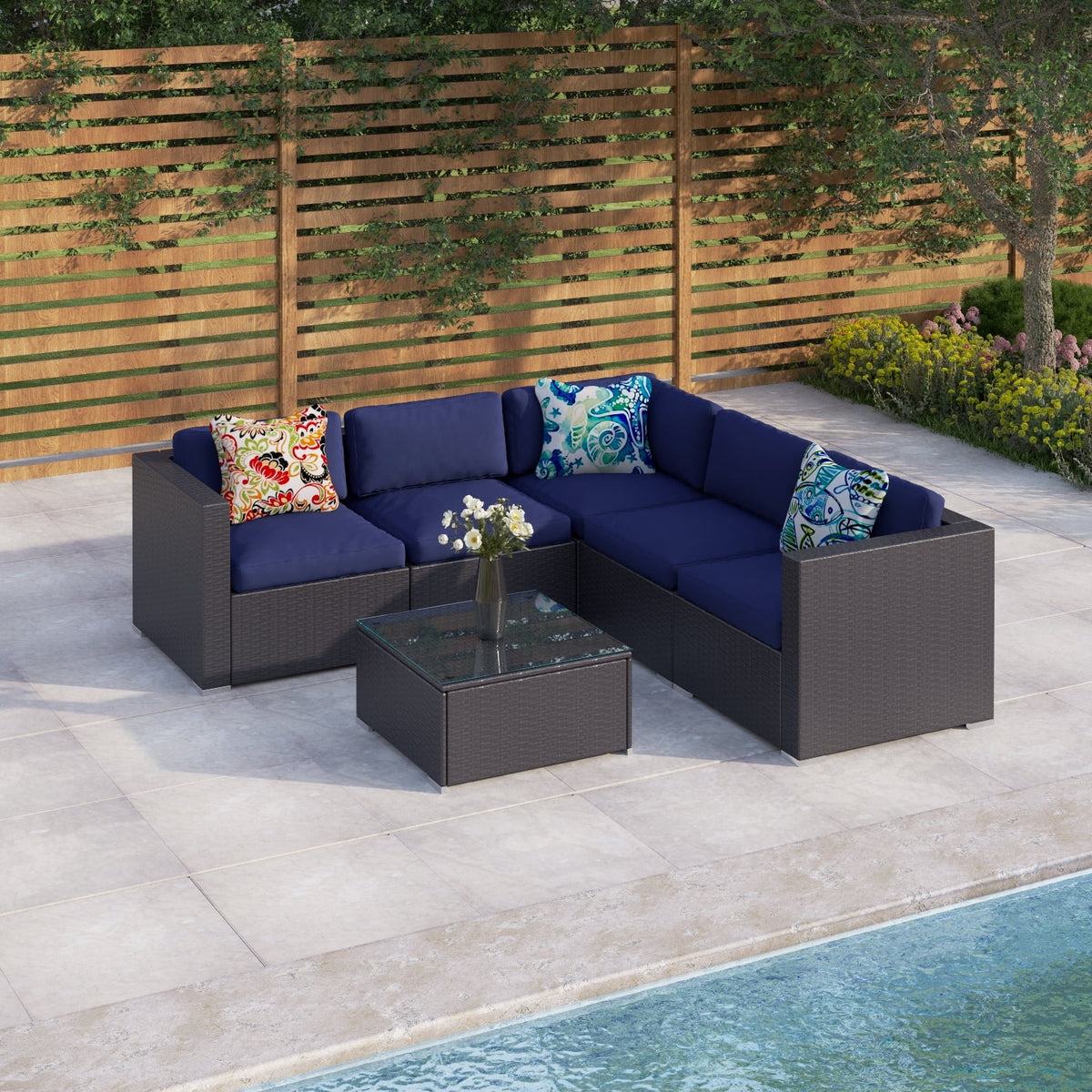 6-Piece Beige Rattan Outdoor Sectional Sofa Set with Tea Table A575851