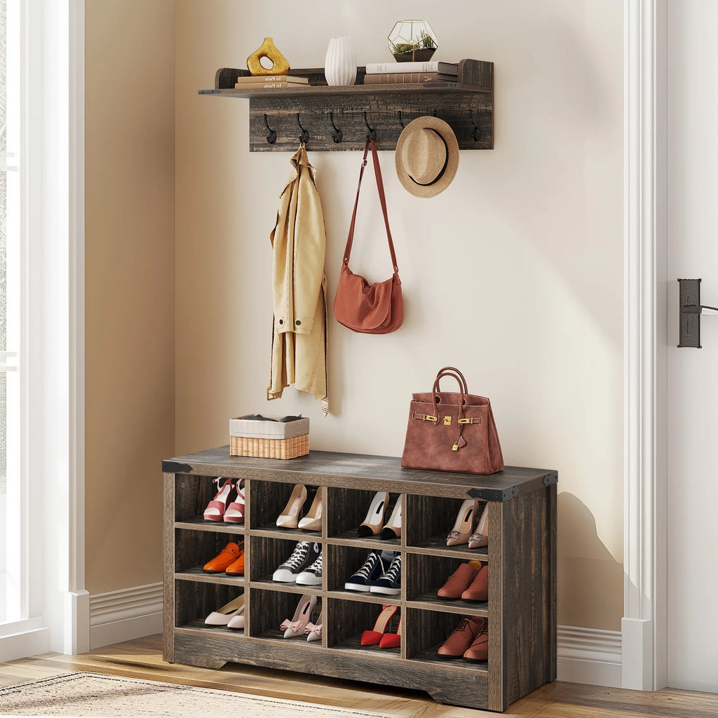Industrial Hall Tree Coat Rack with Shoe Bench O489724