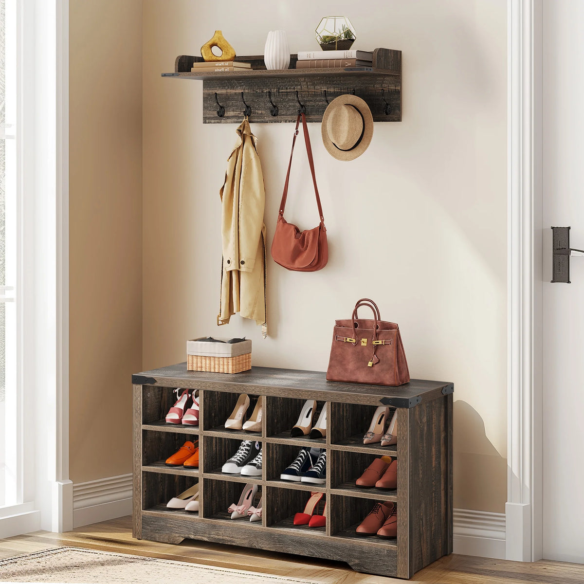 Industrial Hall Tree Coat Rack with Shoe Bench O489724