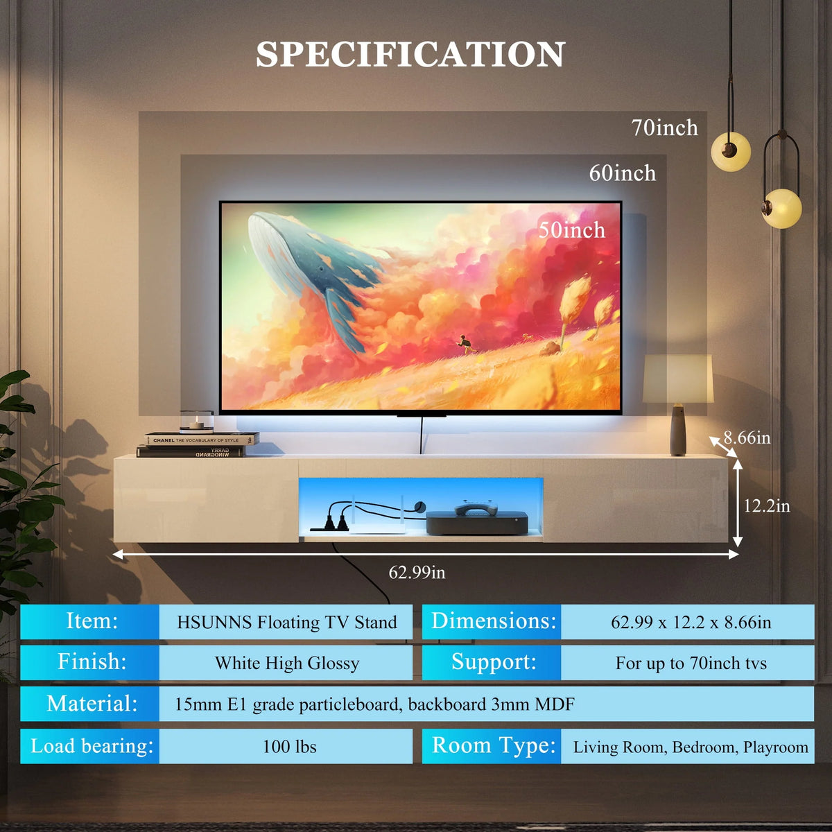Black 71in Floating TV Stand with LED B67822