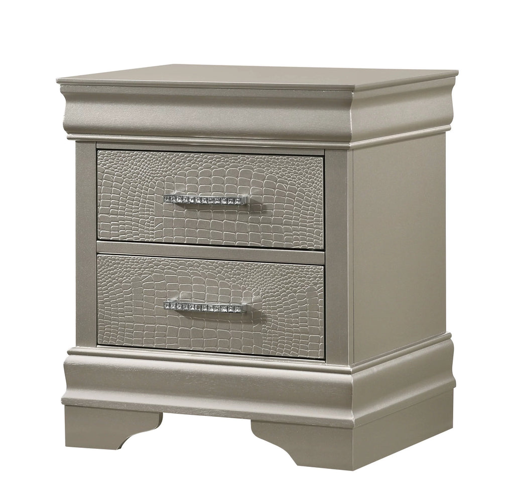 Silver Finish Queen Size Upholstered Button Tufted Headboard Bed Nightstand Set C1879