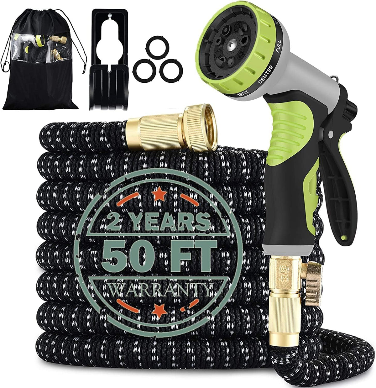 50FT Expandable Garden Hose with 9 Function Nozzle and Solid Brass Fittings V5448