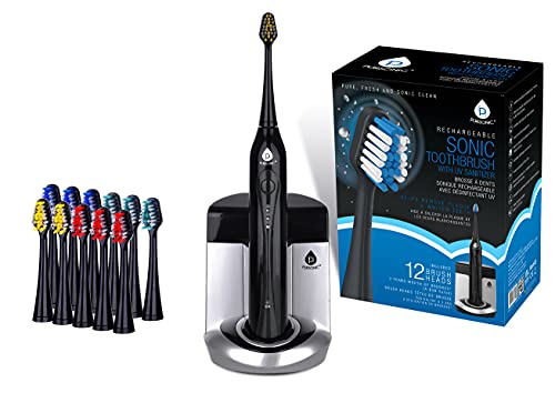 Black Sonic Rechargeable Toothbrush with UV Sanitizer and 12 Brush Heads A9743