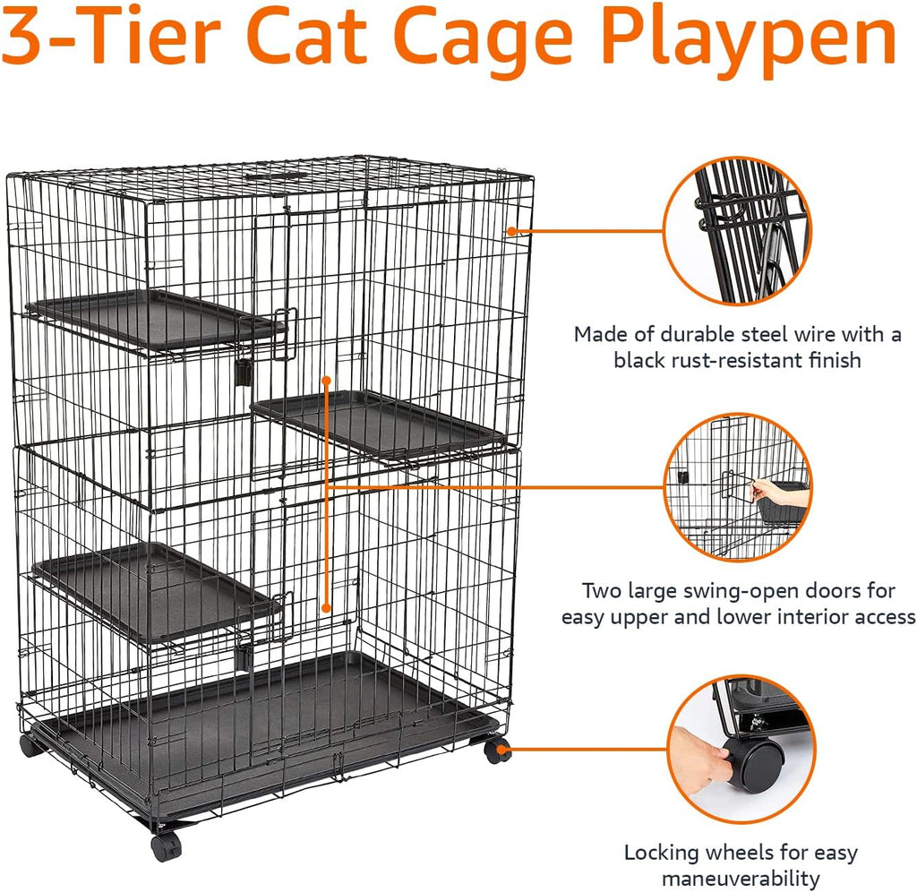 Large 3-Tier Cat Cage Playpen Crate Kennel, Black P70844