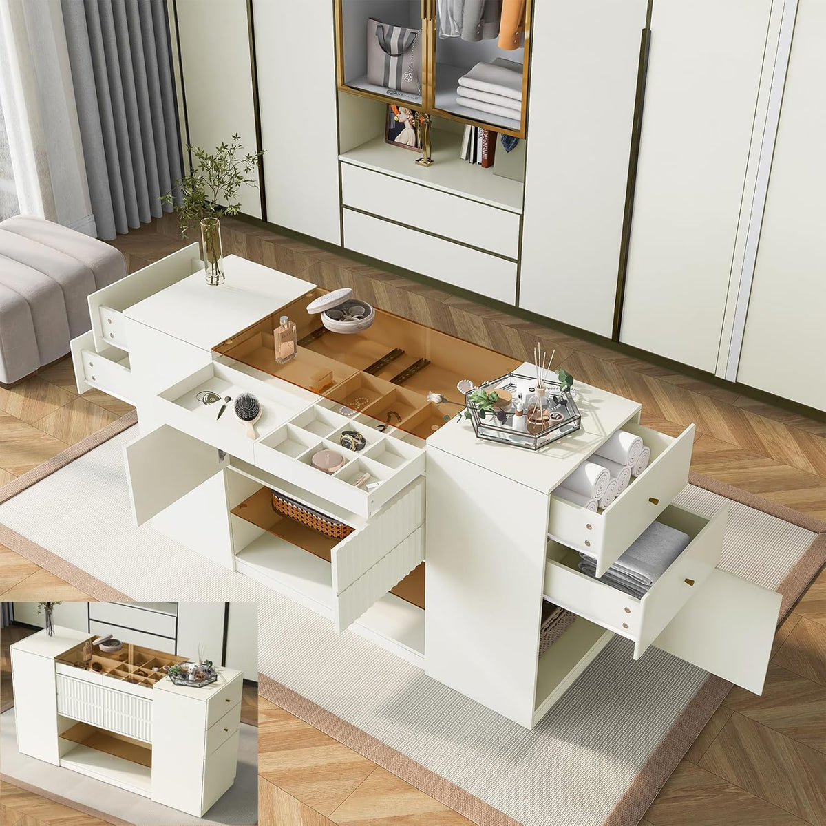 Glass Top Wooden Closet Island with 6 Drawers 3 Cabinets Y143911