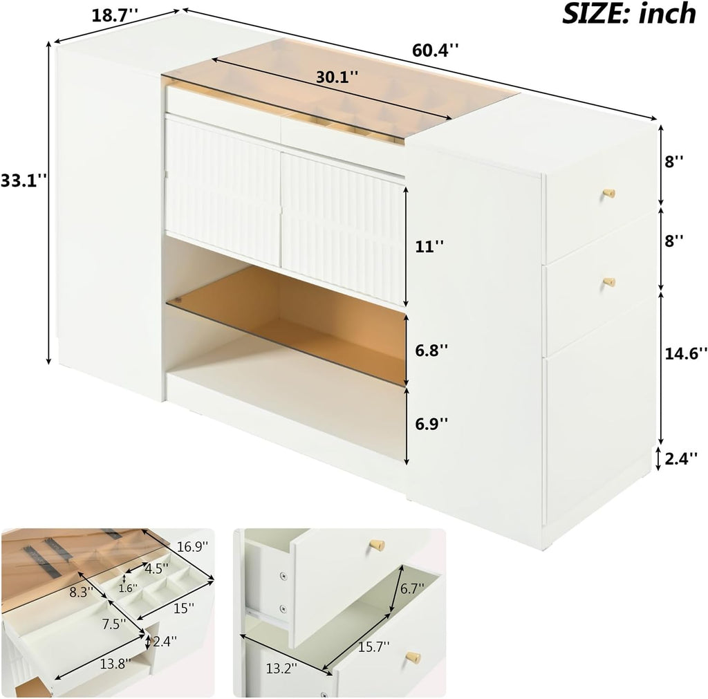 Glass Top Wooden Closet Island with 6 Drawers 3 Cabinets Y143911