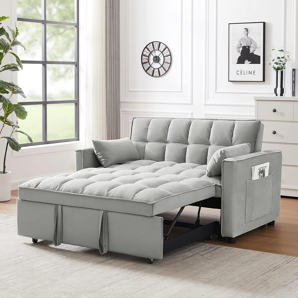 Gray Velvet Convertible Sofa Bed with Pullout Bed U3053