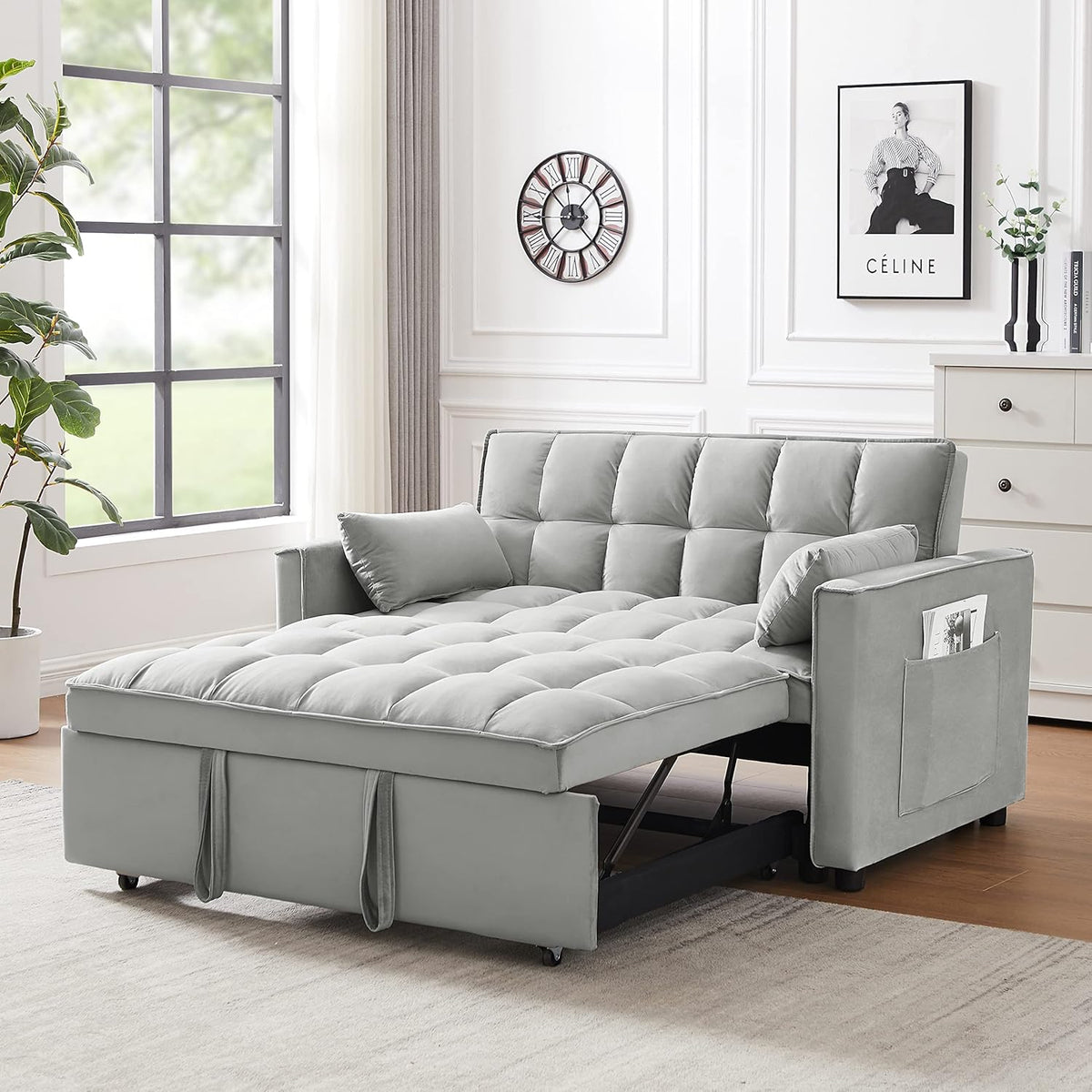 Gray Velvet Convertible Sofa Bed with Pullout Bed U3053