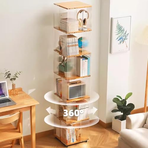 Brown Bamboo 360° Rotating Rolling Bookcase with Wheels R559
