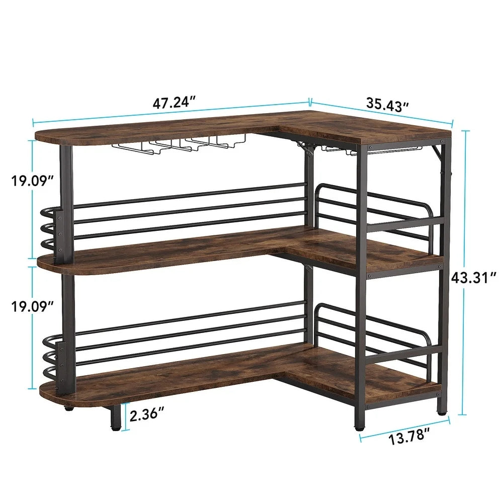 Rustic Brown L-Shaped 3 Tier Liquor Bar Table with Storage Shelves and Wine Glasses Holder O260