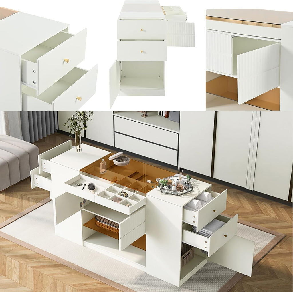 Glass Top Wooden Closet Island with 6 Drawers 3 Cabinets Y143911