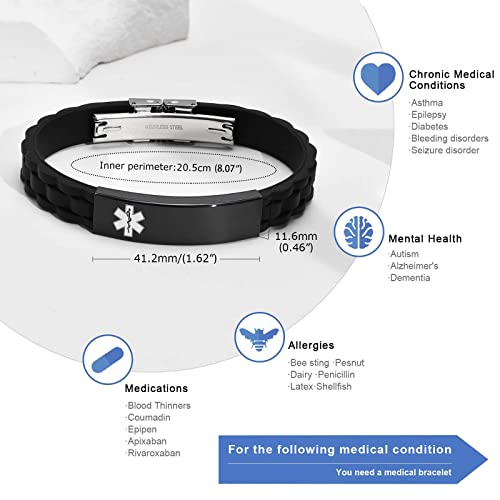 Custom Silicone Rubber Strap Stainless Steel Medical Alert Bracelet J97676