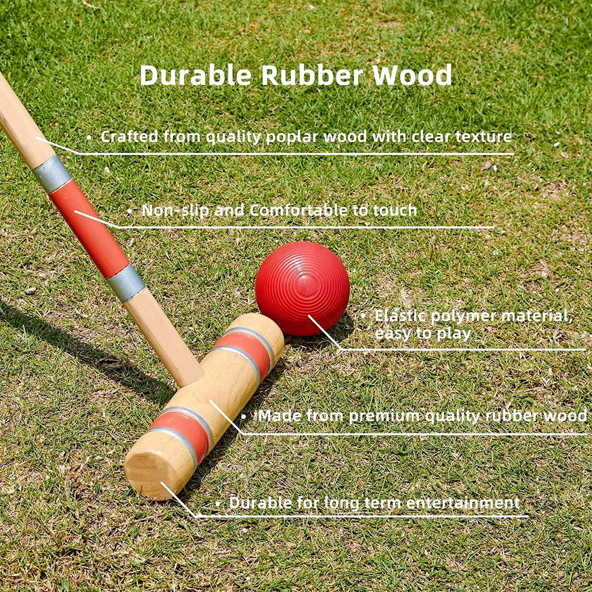 Six Player Croquet Set with Wooden Mallets, Colored Ball, Wickets, Stakes, Carry Bag U2759