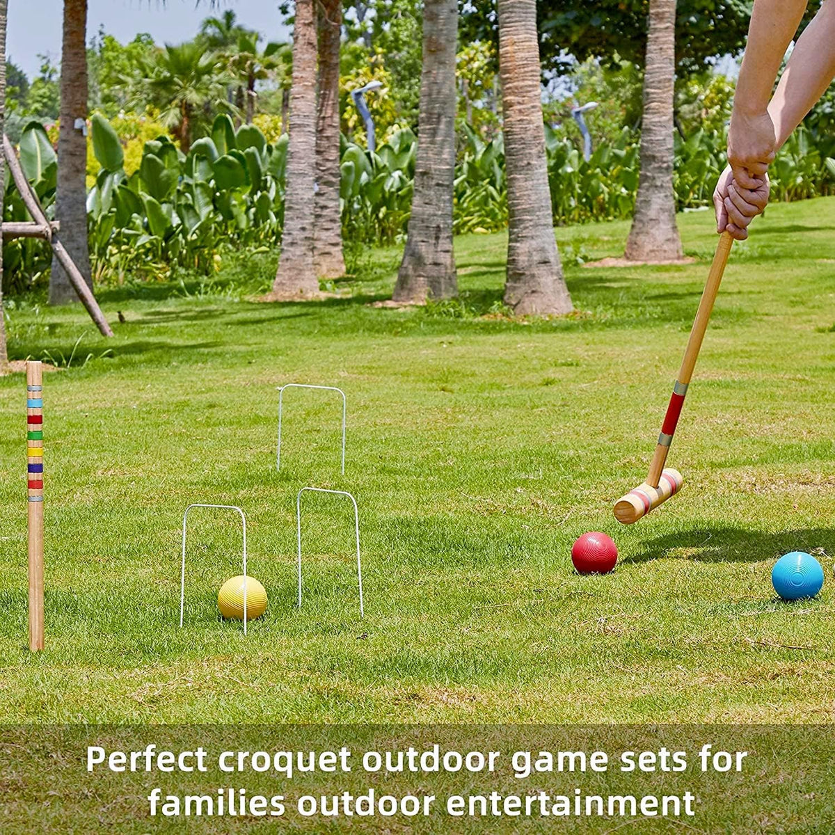 Six Player Croquet Set with Wooden Mallets, Colored Ball, Wickets, Stakes, Carry Bag U2759