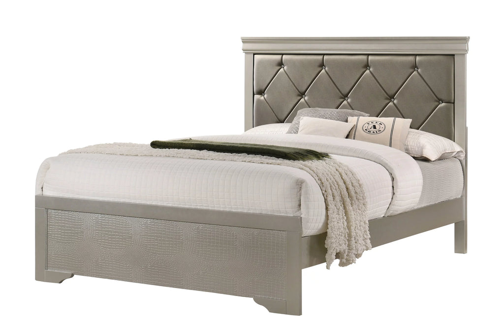 Silver Finish Queen Size Upholstered Button Tufted Headboard Bed Nightstand Set C1879
