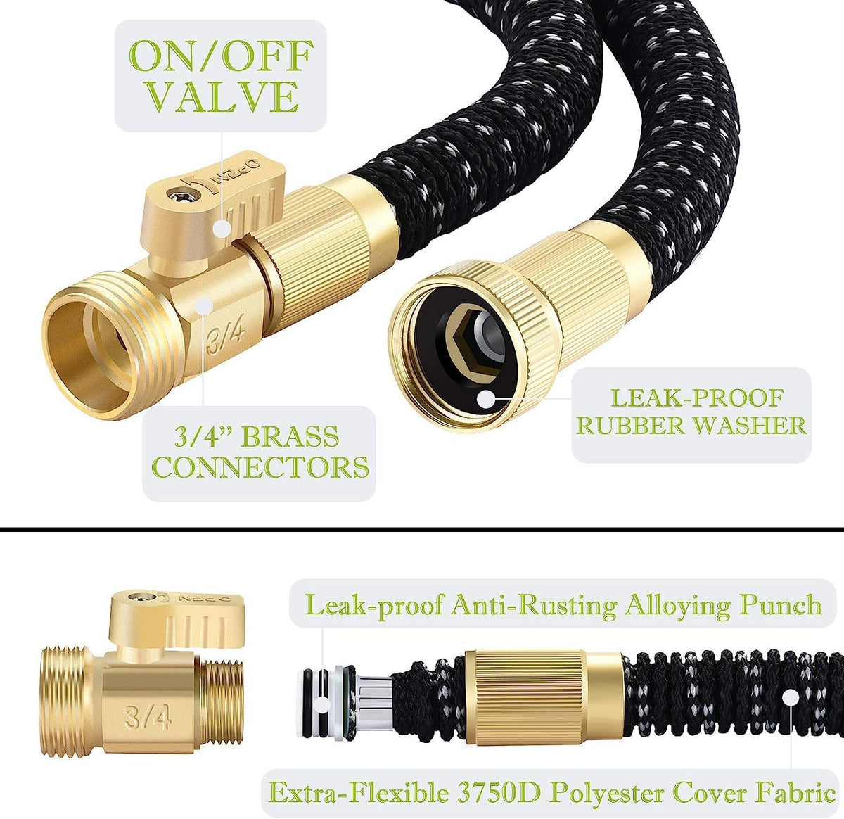 50FT Expandable Garden Hose with 9 Function Nozzle and Solid Brass Fittings V5448