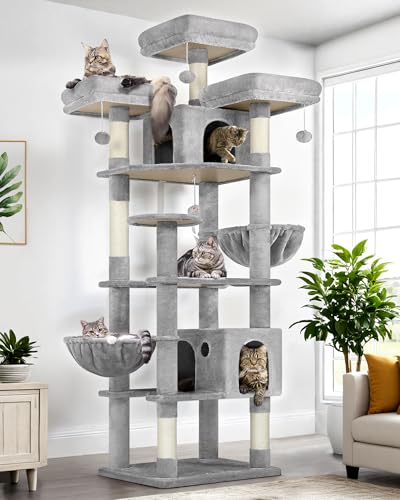 82-inch XXL Tall Cat Tree with Scratching Post, 3 Perches, 2 Condos, 2 Hanging Baskets, Light Grey I297172