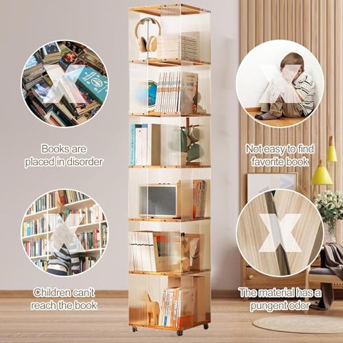 Brown Bamboo 360° Rotating Rolling Bookcase with Wheels R559