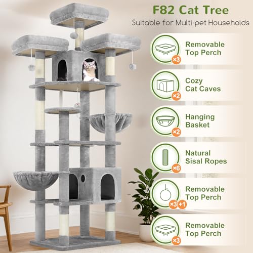82-inch XXL Tall Cat Tree with Scratching Post, 3 Perches, 2 Condos, 2 Hanging Baskets, Light Grey I297172