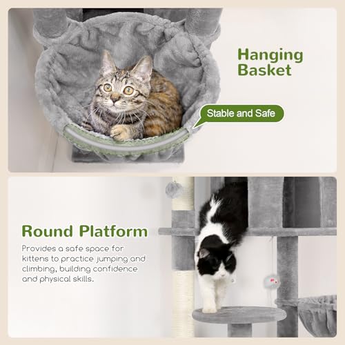 82-inch XXL Tall Cat Tree with Scratching Post, 3 Perches, 2 Condos, 2 Hanging Baskets, Light Grey I297172