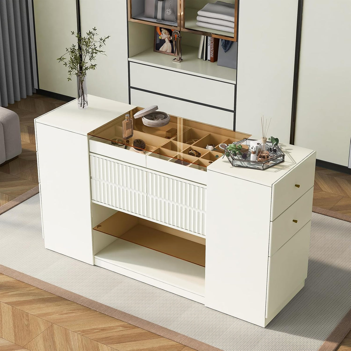 Glass Top Wooden Closet Island with 6 Drawers 3 Cabinets Y143911