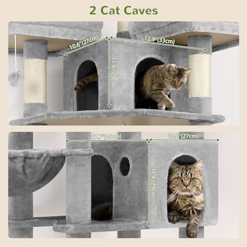 82-inch XXL Tall Cat Tree with Scratching Post, 3 Perches, 2 Condos, 2 Hanging Baskets, Light Grey I297172