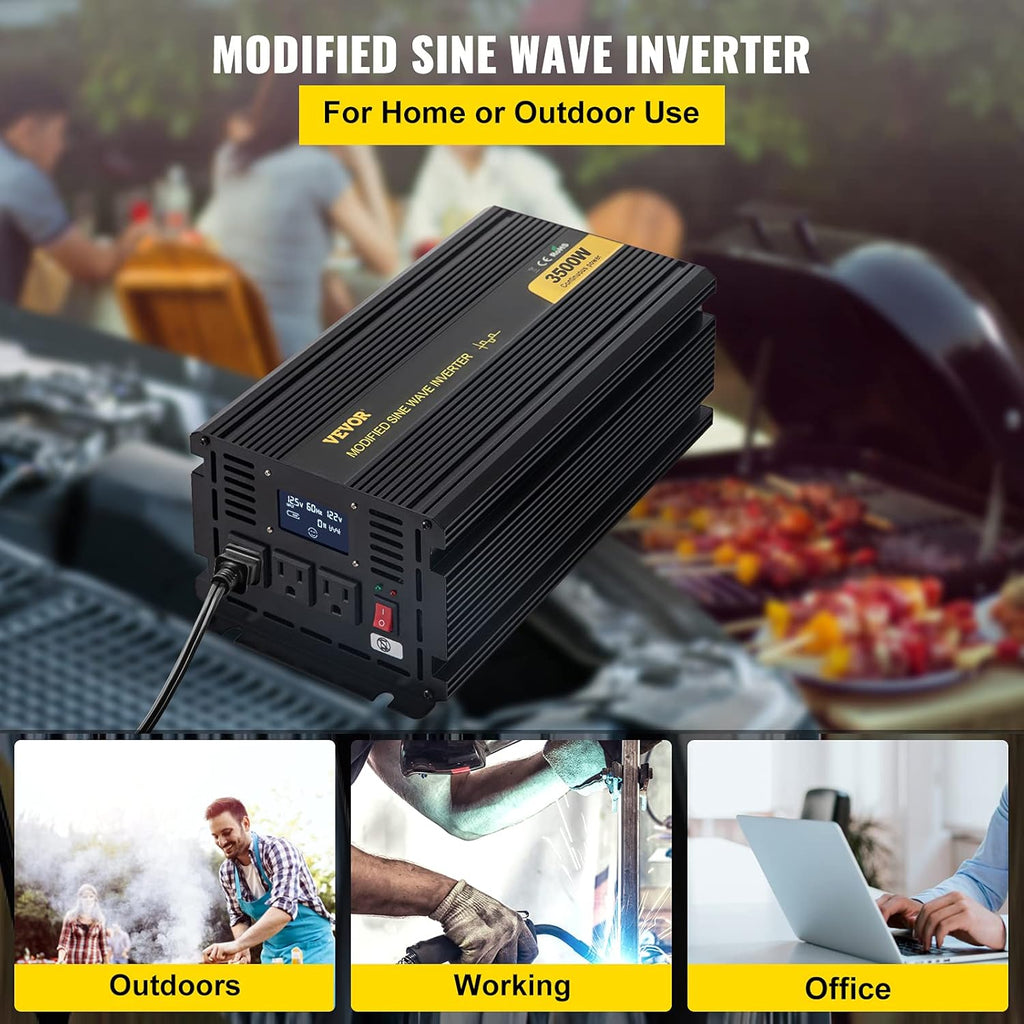 3500W Modified Sine Wave Power Inverter, DC 12V to AC 120V, with LCD Display and Remote Controller H4167