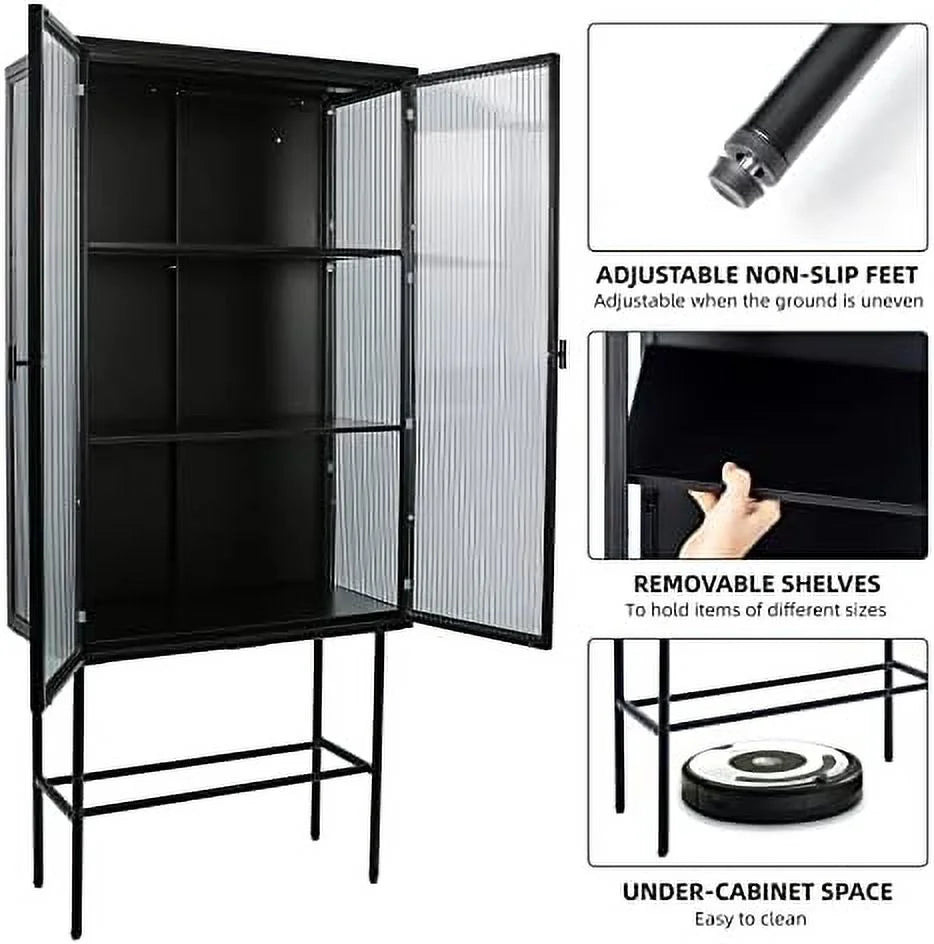Black Fluted Glass Cabinet with Removable Shelves P2266