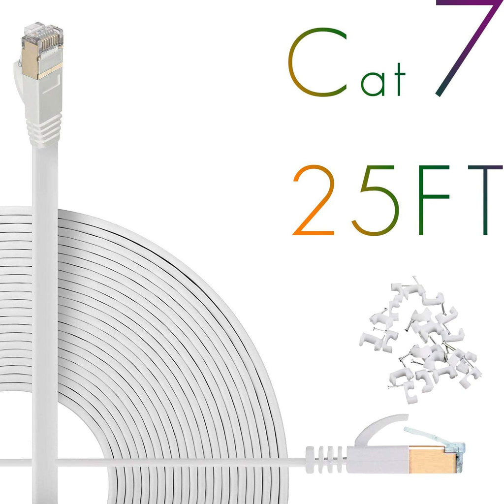 Cat7 Ethernet Cable 150ft Flat Shielded (STP) Solid Network Cord with Snagless RJ45 Connectors (White) F115