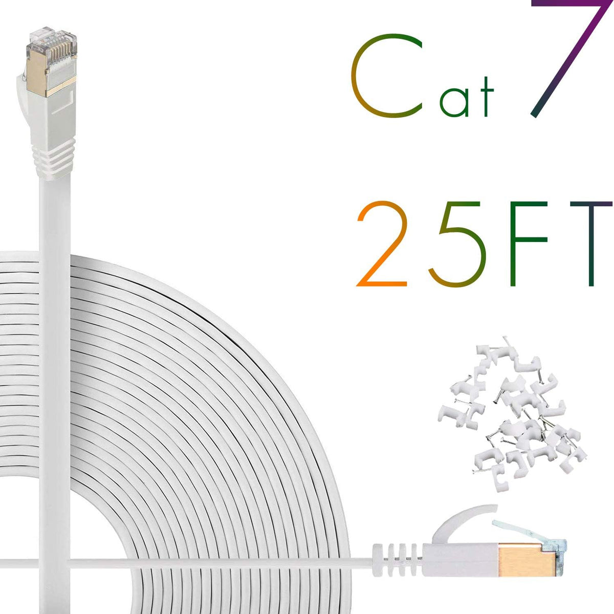 Cat7 Ethernet Cable 150ft Flat Shielded (STP) Solid Network Cord with Snagless RJ45 Connectors (White) F115