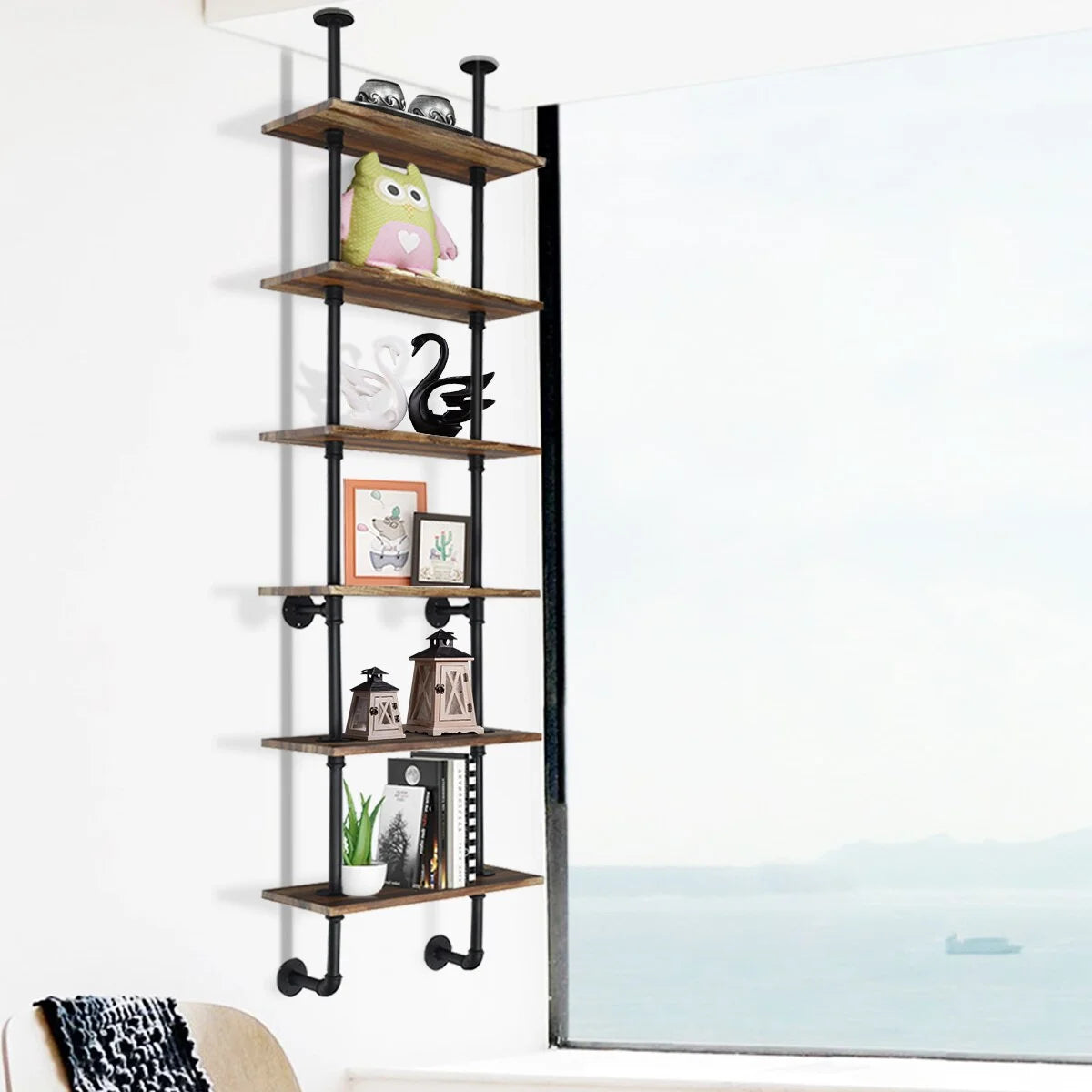 Brown 6-Shelf Rustic Pipe Shelving Unit L844635