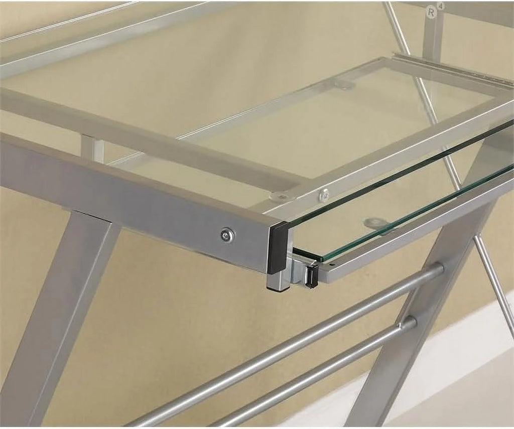Small Work from Home Office Laptop Computer Desk with Glass Top in Silver M434