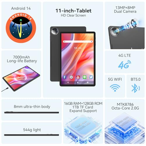 11 inch Android 14 Tablet 128GB ROM 16GB RAM Octa-Core R956