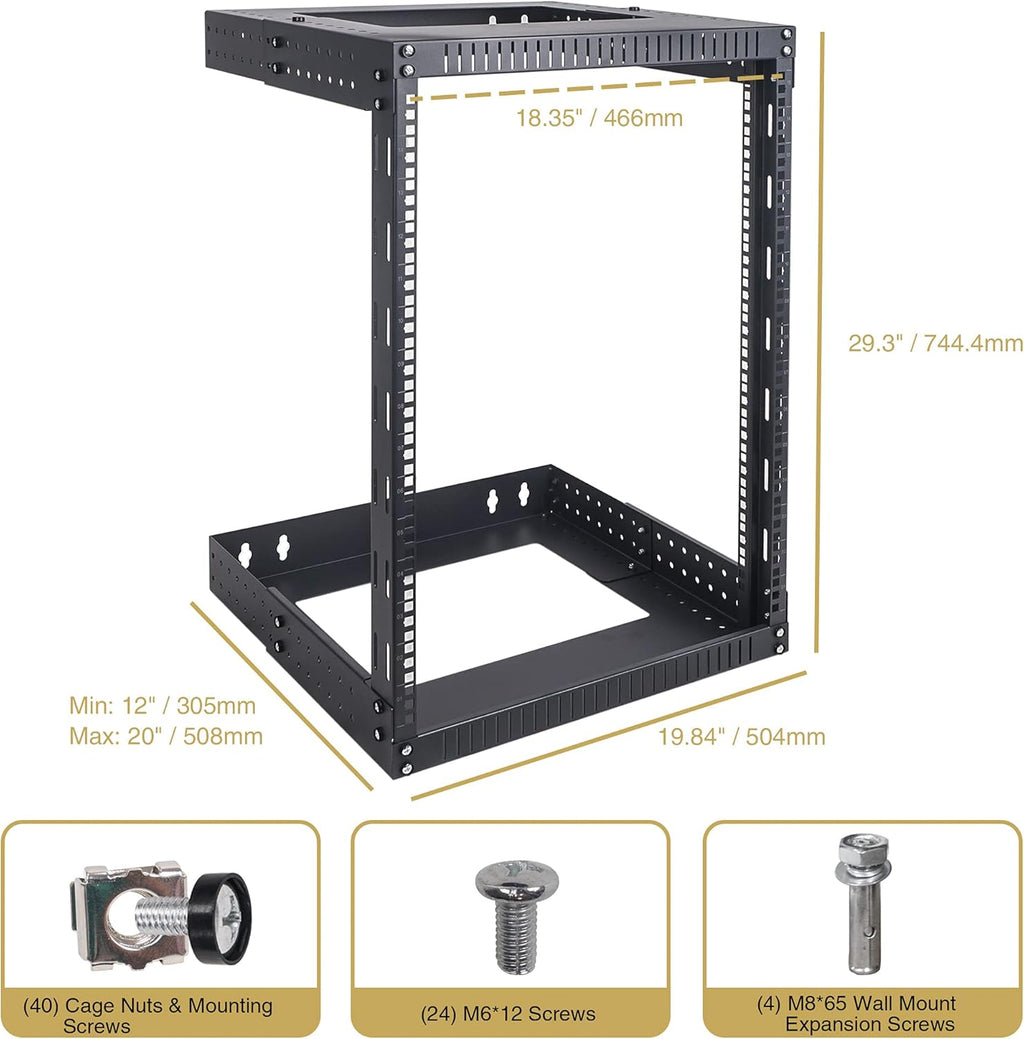 15U Wall-Mount Open Frame Server and Network Equipment Rack with Adjustable Depth 12"-20" L713