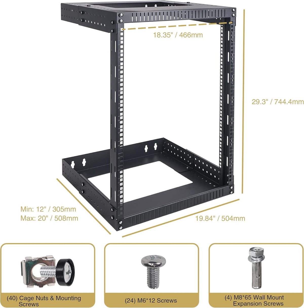 15U Wall-Mount Open Frame Server and Network Equipment Rack with Adjustable Depth 12"-20" L713