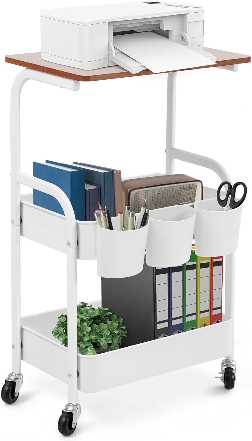 White 3-Tier Rolling Printer Cart with Storage V28424