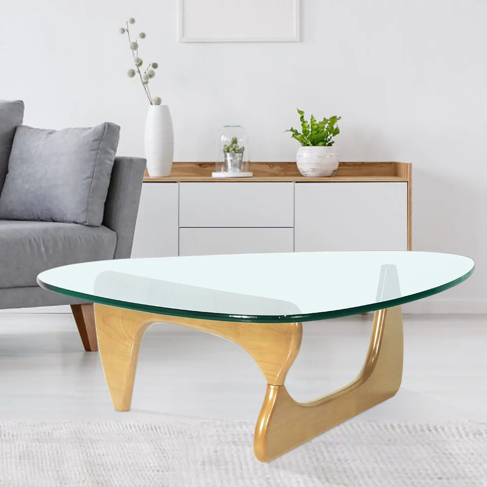 Modern Triangle Coffee Table Glass Top Wood Base S787520