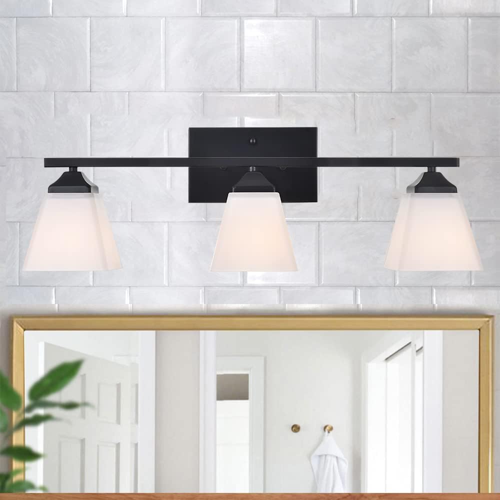 3 Light Black Bathroom Vanity Light Fixture with Opal White Glass Shade T6236