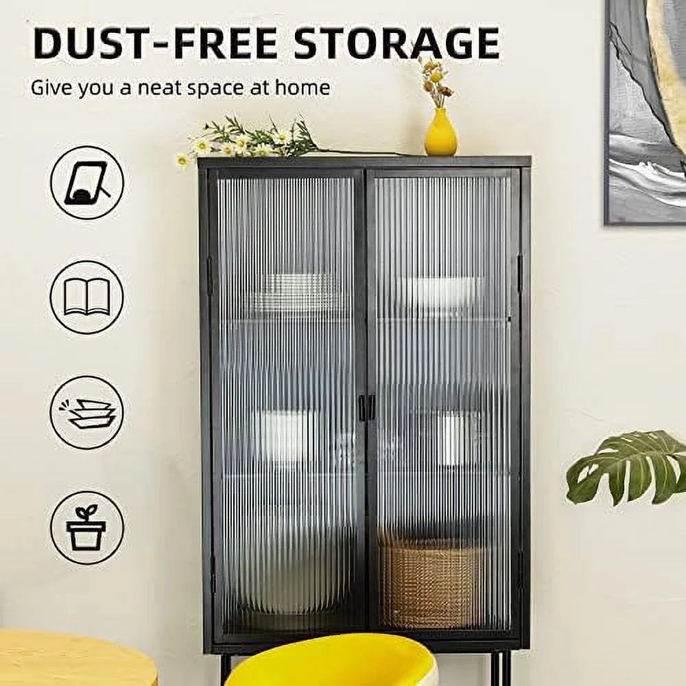 Black Fluted Glass Cabinet with Removable Shelves P2266
