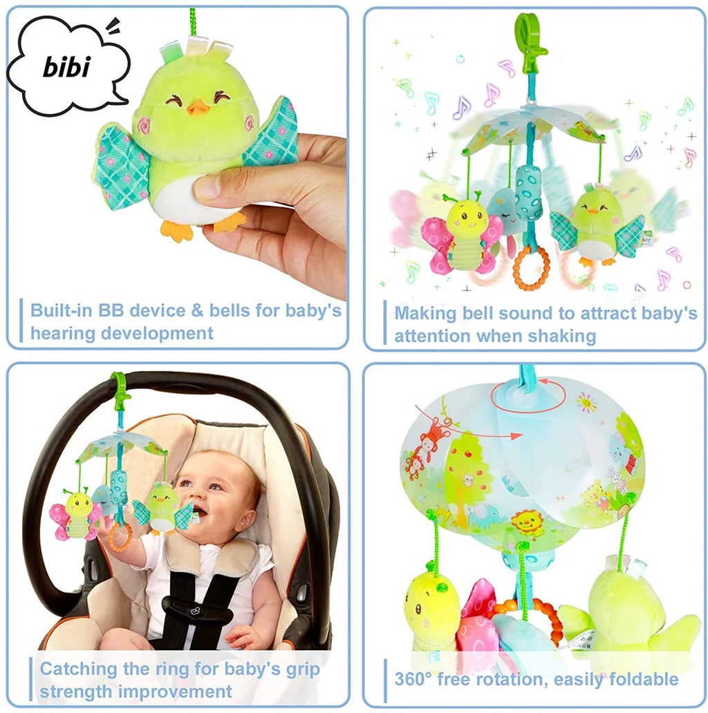 Baby Car Seat Toys Clip On Stroller Toy with Birds and Bees Hanging Rattle, Two Wrist Rattles J74478