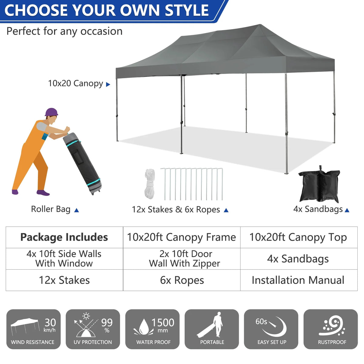 10x20 Heavy Duty Waterproof Canopy with Roller Bag J516
